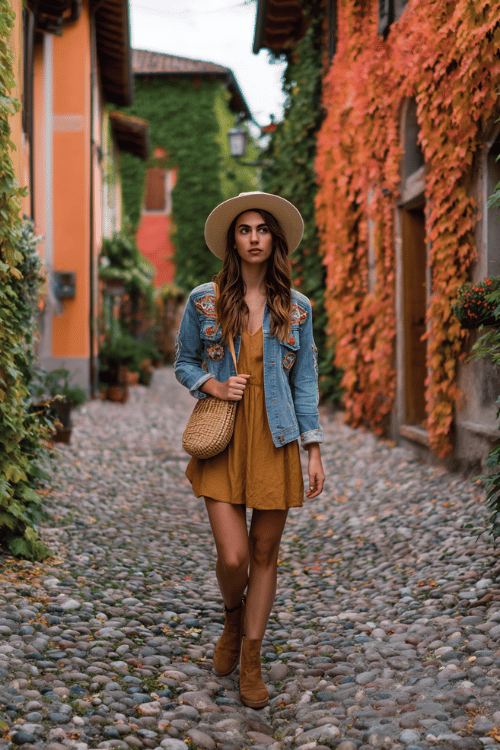 a woman in a casual hippie-chic outfit a loose embroidered denim jacket over a simple ochre slip dress paired with a floppy wide-brim hat, a small woven crossbody bag