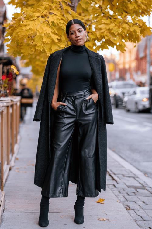 a woman in a chic monochrome all-black ensemble a sleek turtleneck bodysuit, high-waisted faux leather trousers, and heeled sock boots topped with a charcoal wool overcoat
