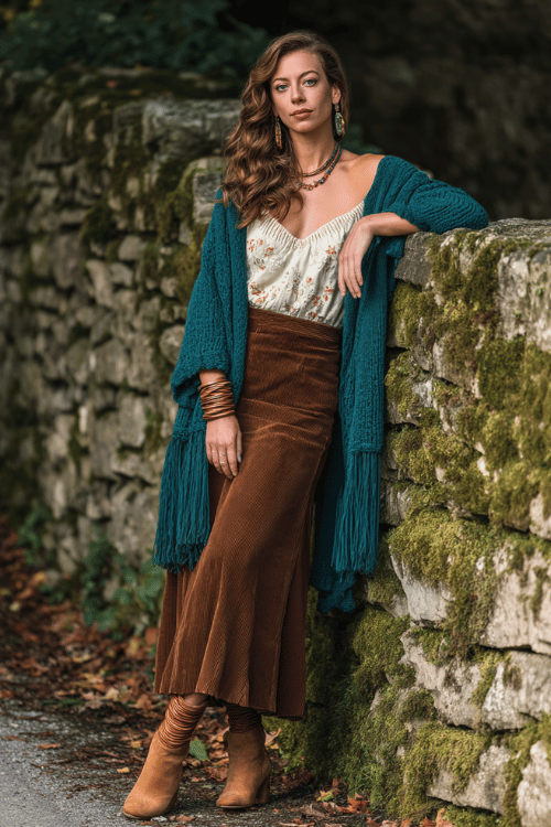 a woman in a chocolate brown corduroy flared midi skirt paired with an embroidered off-shoulder blouse in warm ivory, layered with a long open-knit cardigan in deep teal 