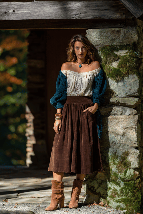 a woman in a chocolate brown corduroy flared midi skirt paired with an embroidered off-shoulder blouse in warm ivory, layered with a long open-knit cardigan in deep teal