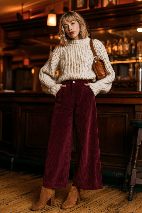 a woman in a chunky knit cream sweater, high-waisted burgundy corduroy wide-leg pants, and brown suede block-heeled boots, carrying a small brown leather shoulder bag 