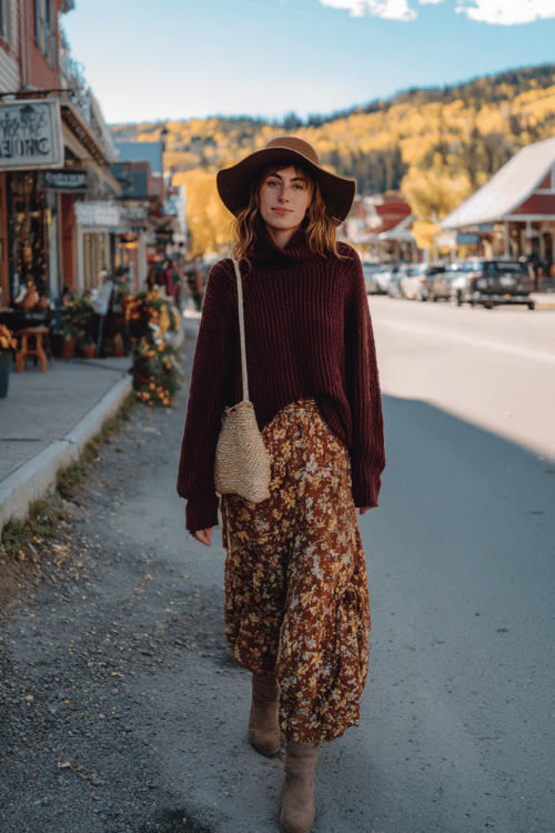 a woman in a cozy boho ensemble an oversized turtleneck sweater in deep burgundy paired with a relaxed flowy maxi skirt in warm earthy florals accessorized with a floppy wide-brim felt hat 
