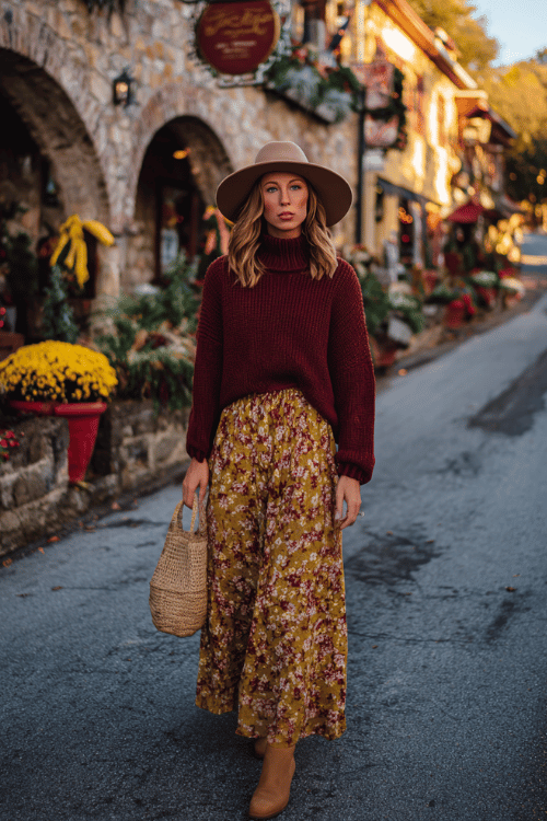 a woman in a cozy boho ensemble an oversized turtleneck sweater in deep burgundy paired with a relaxed flowy maxi skirt in warm earthy florals accessorized with a floppy wide-brim felt hat