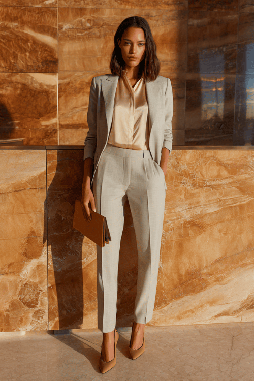 a woman in a crisp tailored pantsuit in warm light grey a structured blazer and straight-leg trousers worn over a fitted silk blouse in soft blush, paired with pointed-toe leather pumps