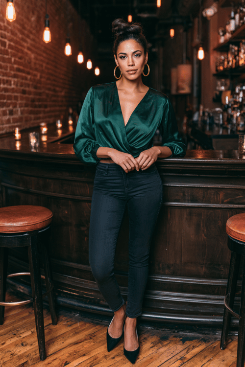 a woman in a deep emerald green silky wrap blouse, high-waisted dark skinny jeans, and black pointed-toe pumps, gold hoop earrings and a small green satin clutch 