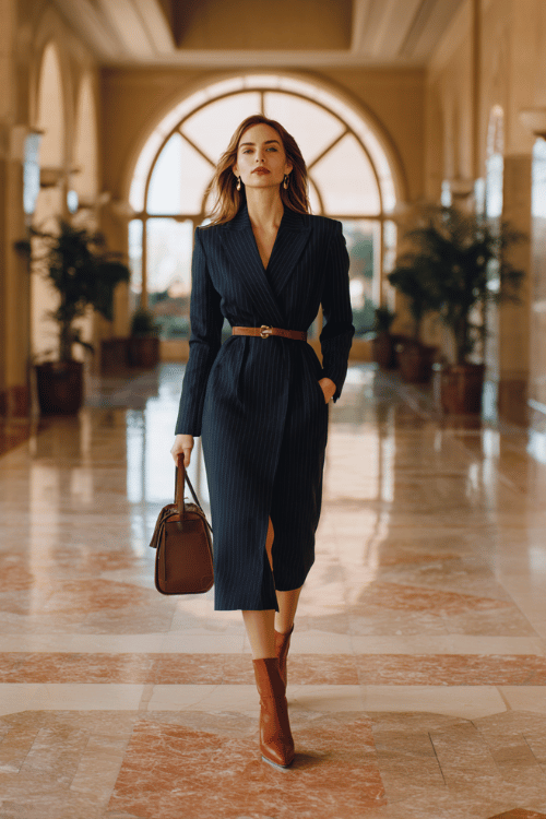a woman in a deep navy longline blazer dress with a belted waist and midi length, paired with pointed-toe ankle boots in rich cognac leather and a structured crossbody bag in chocolate brown