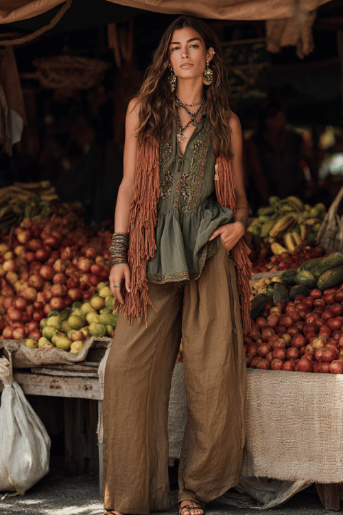 a woman in a deep olive green peasant blouse with intricate embroidery paired with wide-leg earthy linen trousers and a long tassel vest in terracotta