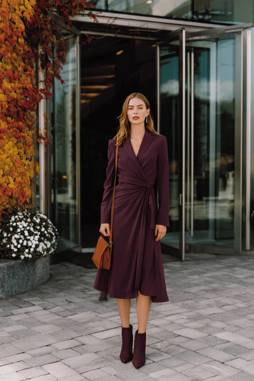 a woman in a deep wine-colored long-sleeve wrap dress with a graceful draped neckline and flowing midi skirt, layered with a tailored charcoal pinstripe blazer, finished with pointed-toe ankle boots