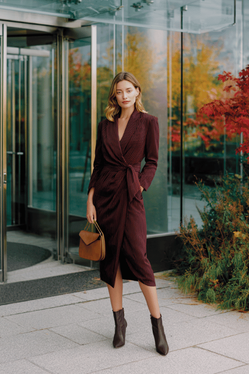a woman in a deep wine-colored long-sleeve wrap dress with a graceful draped neckline and flowing midi skirt, layered with a tailored charcoal pinstripe blazer
