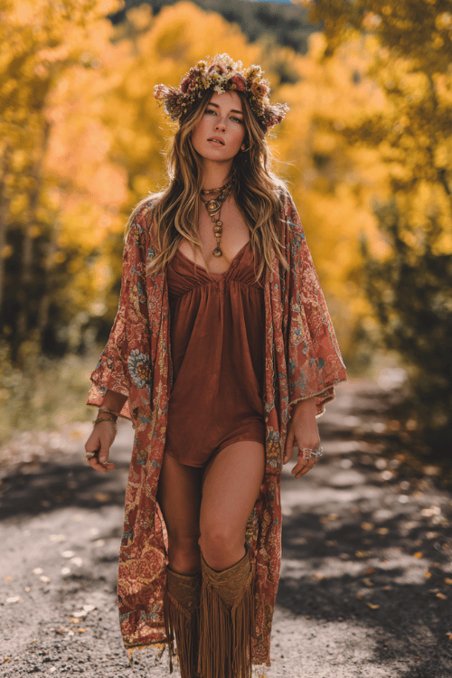 a woman in a deeply bohemian hippie look a sheer embroidered kaftan in warm spice and gold tones over a simple fitted rust slip dress accessorized with a flower crown of dried autumn wildflowers