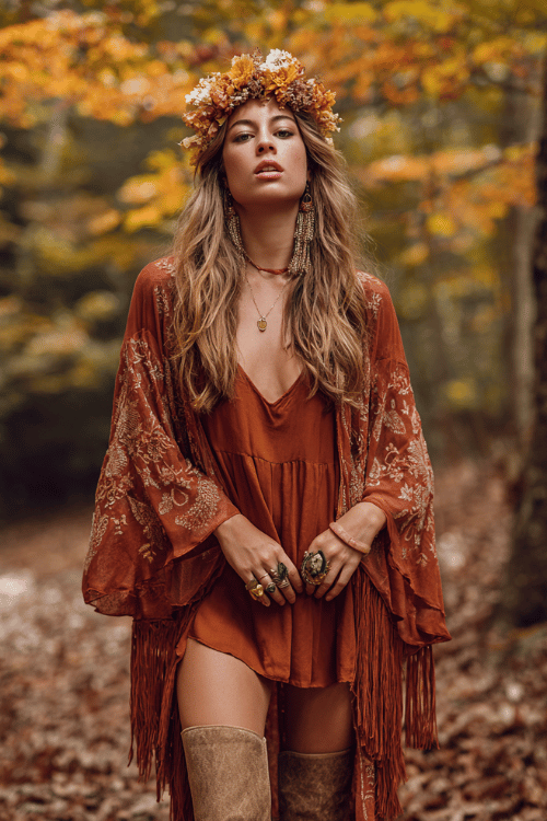 a woman in a deeply bohemian hippie look a sheer embroidered kaftan in warm spice and gold tones over a simple fitted rust slip dress accessorized with a flower crown of dried autumn wildflowers