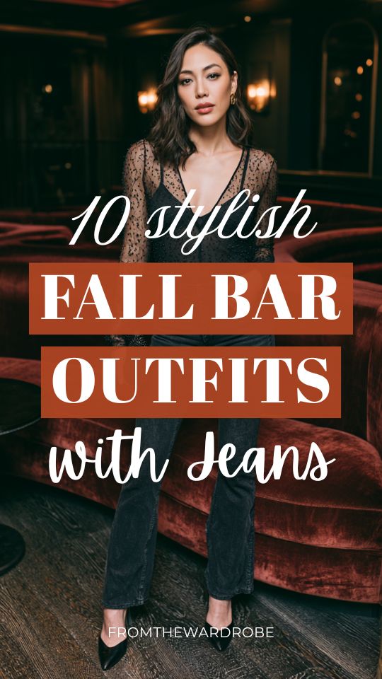 a woman in a fall bar outfit with jeans, a sheer black long-sleeve embellished top with a black camisole underneath, and black pointed-toe heeled mules
