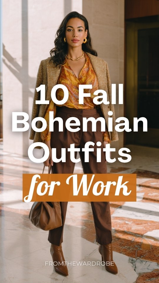a woman in a fall boho work outfit with a flowy printed wrap blouse in warm spice and gold tones tucked into tailored straight-leg trousers in deep espresso brown