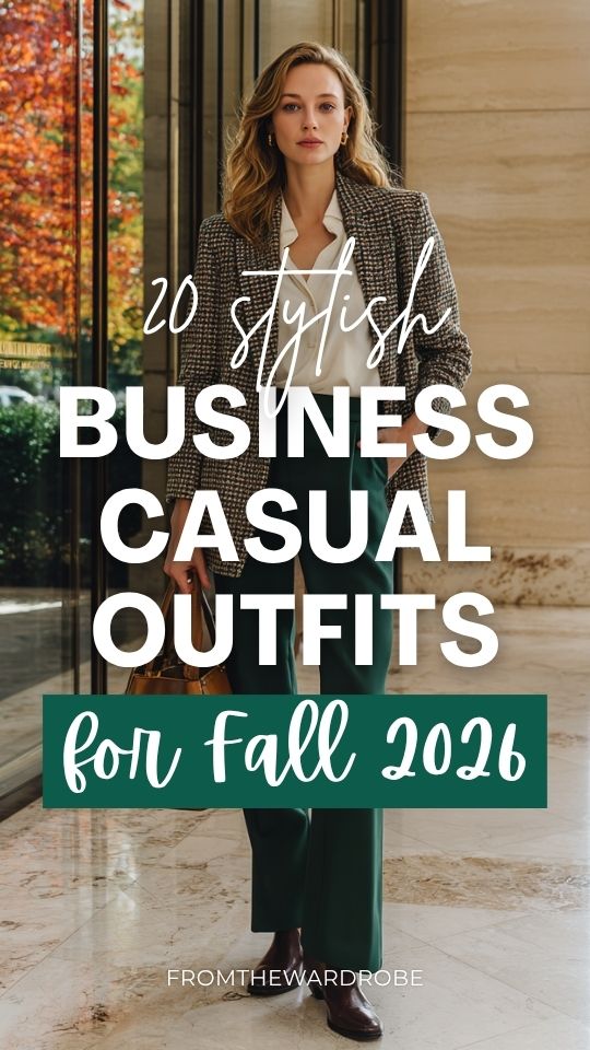a woman in a fall business casual outfit with a houndstooth blazer in black and camel over a silk blouse tucked into tailored trousers in deep forest green