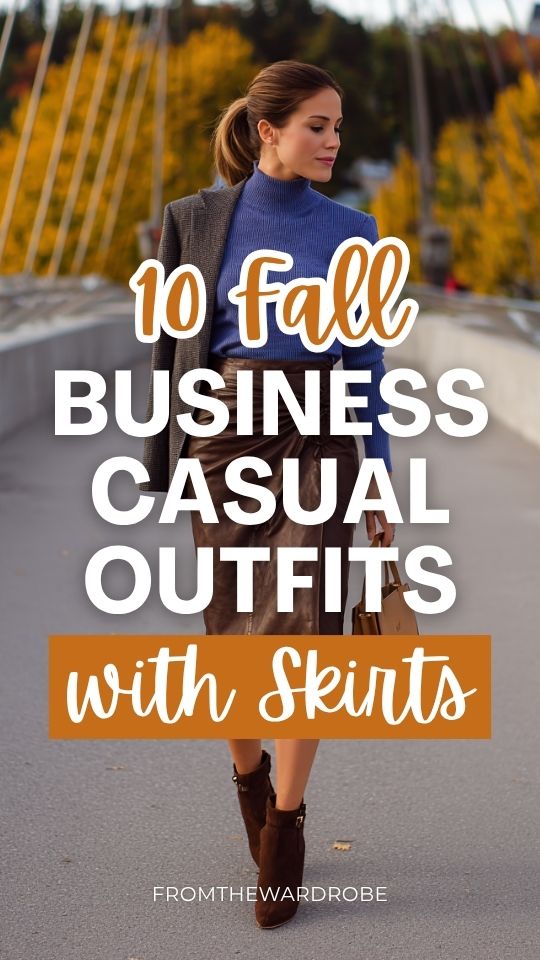 a woman in a fall business casual outfit with a skirt, a soft cobalt blue mock-neck sweater, layered with a fitted charcoal grey blazer
