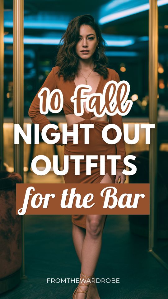 a woman in a fall going out outfit for the bar at night with a rich caramel brown cutout bodycon dress with long sleeves, tan strappy heels