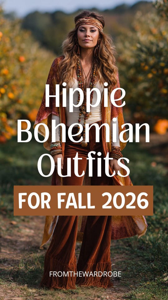 a woman in a fall hippie boho outfit with a flowing open-front kaftan in warm hand-dyed tones of rust and ochre over a simple fitted cream long-sleeve top and wide-leg trousers