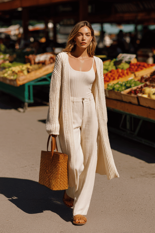 a woman in a fine-knit longline cardigan in soft ivory worn open over a matching ribbed tank top and wide-leg linen trousers in warm beige, carrying a woven leather shoulder bag