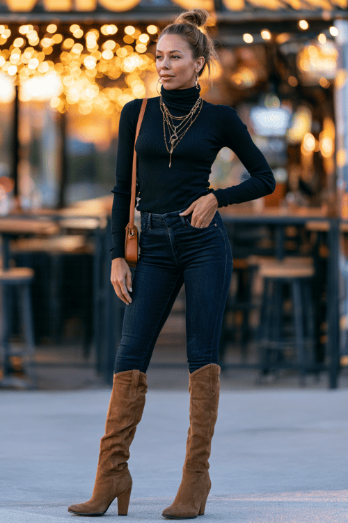 a woman in a fitted black turtleneck sweater, dark indigo high-waisted skinny jeans, and tan suede knee-high heeled boots, wearing layered gold necklaces 