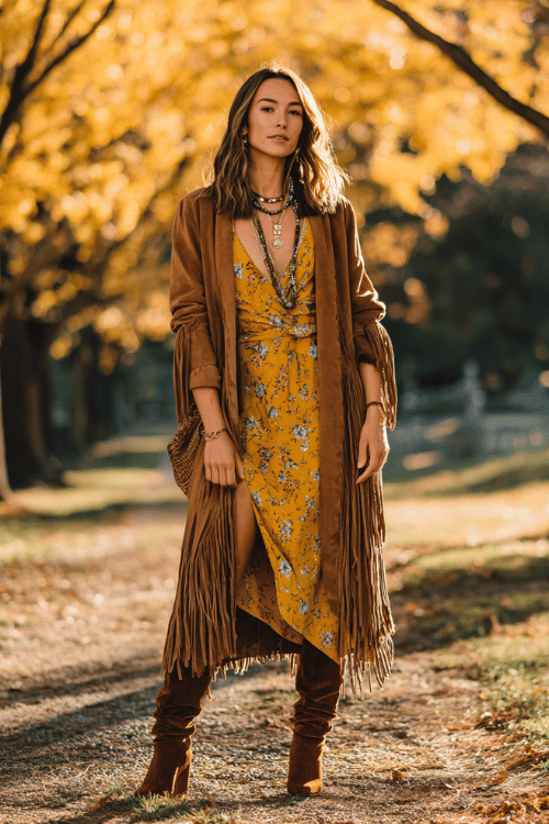 a woman in a flowing camel-toned duster coat with fringe detailing over a mustard floral wrap dress, accessorized with a stack of mixed-metal necklaces 