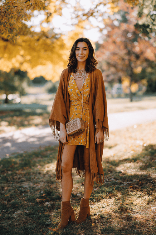 a woman in a flowing camel-toned duster coat with fringe detailing over a mustard floral wrap dress, accessorized with a stack of mixed-metal necklaces 