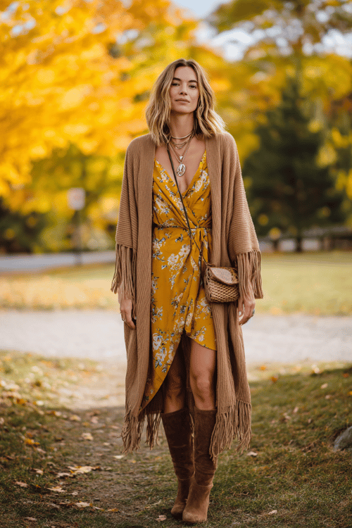 a woman in a flowing camel-toned duster coat with fringe detailing over a mustard floral wrap dress, accessorized with a stack of mixed-metal necklaces