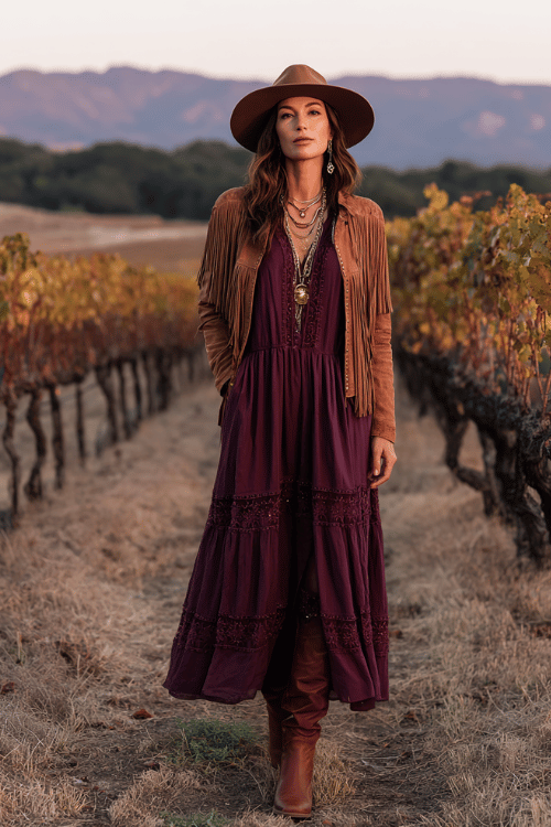a woman in a flowing deep burgundy maxi dress with long sleeves and intricate embroidery at the hem, layered with an elegant fringed suede jacket in warm cognac 