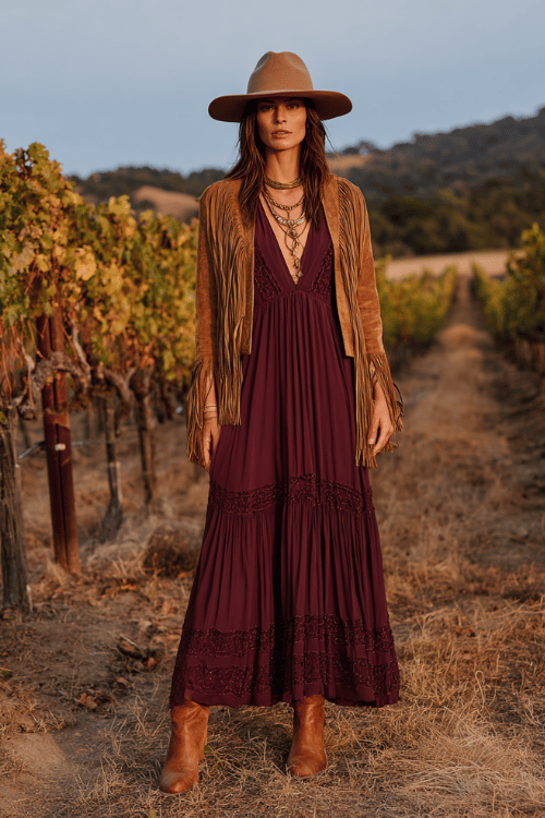 a woman in a flowing deep burgundy maxi dress with long sleeves and intricate embroidery at the hem, layered with an elegant fringed suede jacket in warm cognac 
