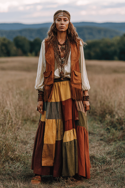 a woman in a flowing patchwork maxi skirt in rich earthy tones of rust, mustard, and forest green, paired with a loose peasant blouse in warm ivory with broderie anglaise detailing