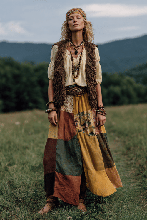 a woman in a flowing patchwork maxi skirt in rich earthy tones of rust, mustard, and forest green, paired with a loose peasant blouse in warm ivory with broderie anglaise detailing