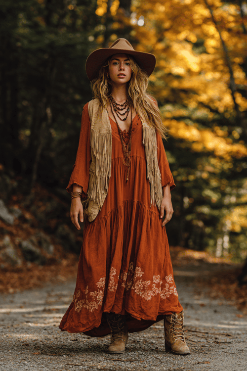 a woman in a flowing rust-orange maxi dress with bell sleeves and floral embroidery at the hem, layered with a fringed suede vest in warm tan