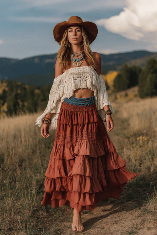 a woman in a free-spirited hippie boho outfit a flowing tiered maxi skirt in warm terracotta and dusty rose paired with an off-shoulder embroidered blouse in warm ivory