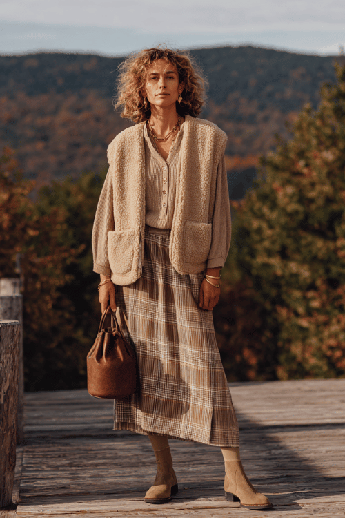 a woman in a generous oversized waffle-knit henley top in warm oatmeal tucked loosely into a relaxed flowy midi skirt in soft earthy plaid tones