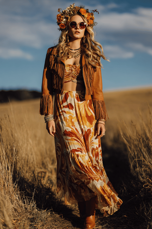 a woman in a groovy retro hippie boho outfit a flowing printed maxi dress in warm psychedelic swirls of ochre, rust, and cream