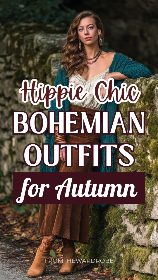 a woman in a hippie chic boho autumn outfit with a brown corduroy flared midi skirt paired with an embroidered off-shoulder blouse in warm ivory, layered with a long open-knit cardigan in deep tea