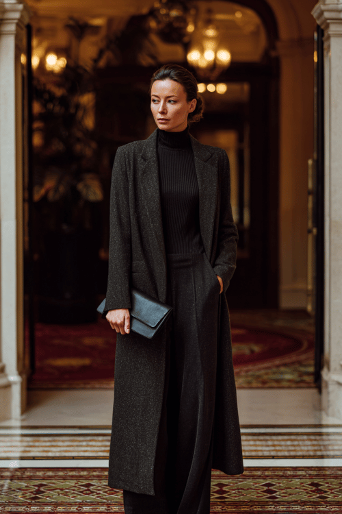 a woman in a long tailored charcoal overcoat worn over a ribbed turtleneck and slim dark trousers, carrying a minimalist leather clutch, standing at the entrance of a grand luxury hotel 