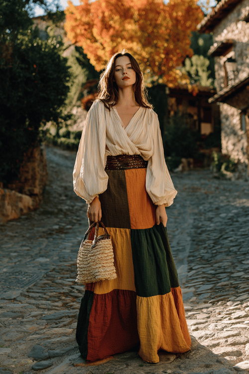 a woman in a loose bohemian blouse with billowing sleeves in warm ivory, tucked into a long tiered patchwork skirt in deep ochre and forest green 