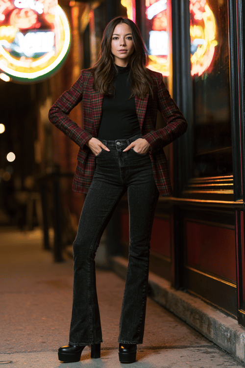 a woman in a plaid blazer in rich burgundy and forest green tones, a black fitted turtleneck underneath, high-waisted dark flare jeans, and black platform heeled boots 
