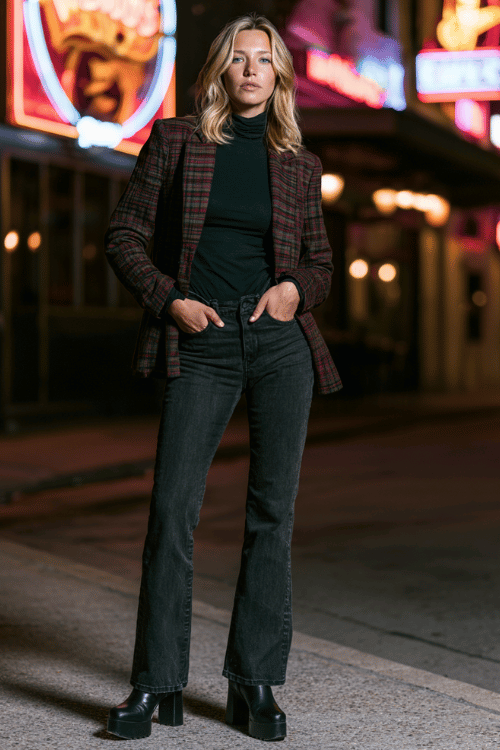 a woman in a plaid blazer in rich burgundy and forest green tones, a black fitted turtleneck underneath, high-waisted dark flare jeans, and black platform heeled boots