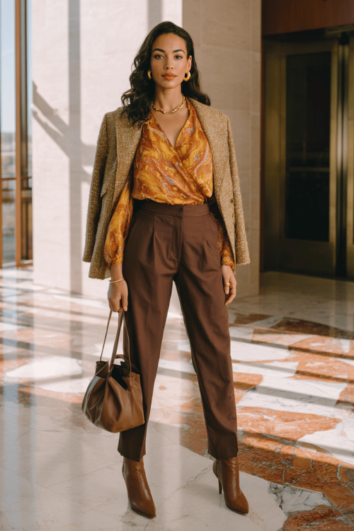 a woman in a polished boho work ensemble a flowy printed wrap blouse in warm spice and gold tones tucked into tailored straight-leg trousers in deep espresso brown
