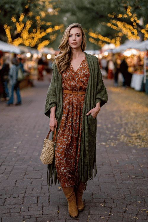 a woman in a polished hippie-chic autumn outfit a deep olive green longline cardigan with subtle fringe trim over a flowing rust floral wrap dress