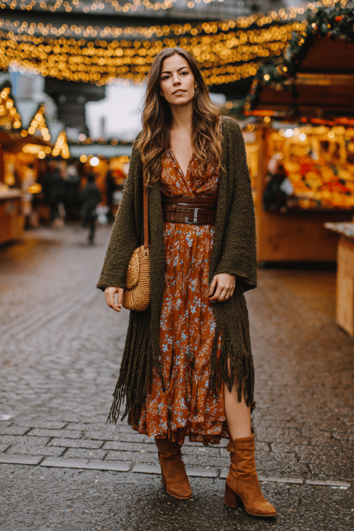 a woman in a polished hippie-chic autumn outfit a deep olive green longline cardigan with subtle fringe trim over a flowing rust floral wrap dress
