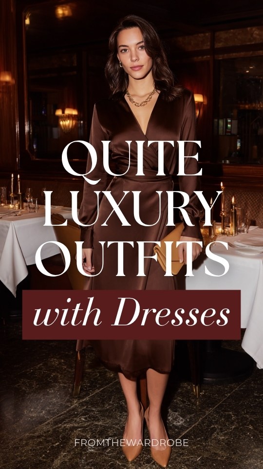 a woman in a quite luxury outfit with a dress in deep chocolate brown satin, paired with pointed-toe leather pumps in warm tan