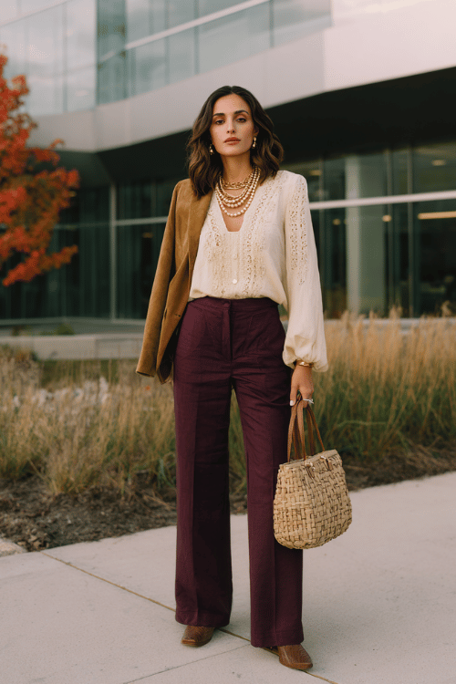 a woman in a refined boho ensemble a loose embroidered blouse in warm cream tucked into high-waisted wide-leg trousers in deep plum layered with a fitted suede blazer