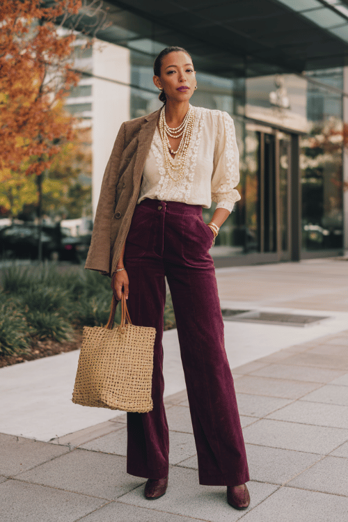 a woman in a refined boho ensemble a loose embroidered blouse in warm cream tucked into high-waisted wide-leg trousers in deep plum layered with a fitted suede blazer in cognac