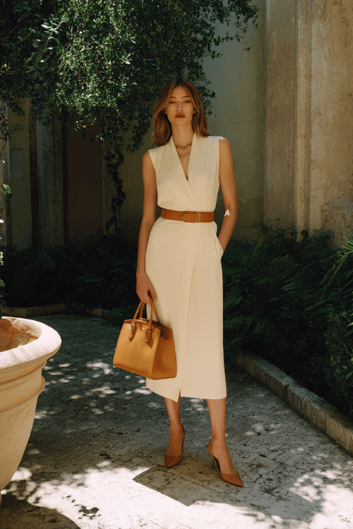 a woman in a refined sleeveless wrap midi dress in deep ivory crepe, cinched at the waist with a thin leather belt in cognac, paired with pointed-toe leather pumps in warm tan 
