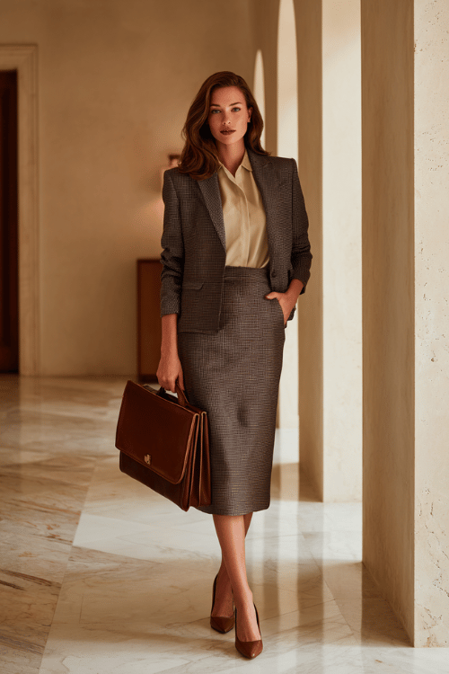 a woman in a refined wool blazer in soft charcoal grey paired with a matching tailored midi skirt, a simple fitted silk blouse in warm ivory underneath, wearing block-heel leather pumps