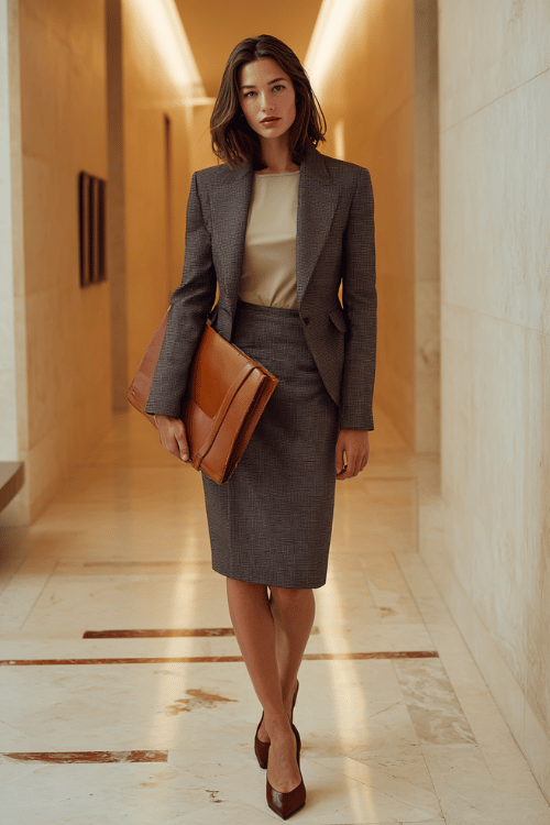 a woman in a refined wool blazer in soft charcoal grey paired with a matching tailored midi skirt, a simple fitted silk blouse in warm ivory underneath