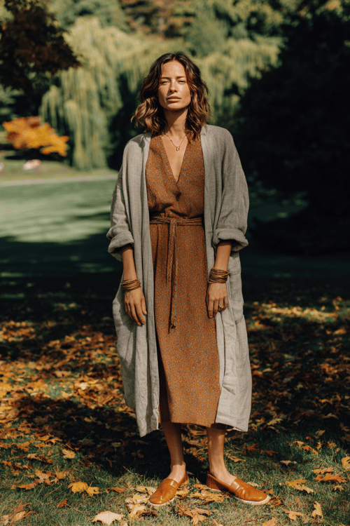 a woman in a relaxed boho day look a generous draped linen duster coat in warm stone over a soft printed midi dress in muted autumn tones of sage and terracotta
