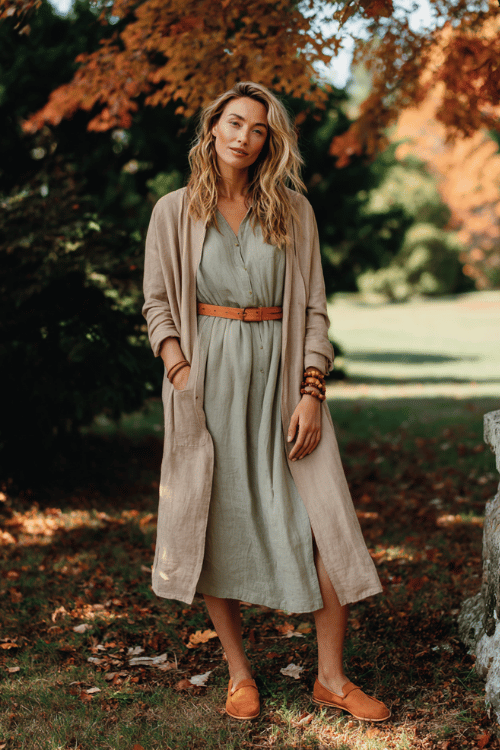 a woman in a relaxed boho day look a generous draped linen duster coat in warm stone over a soft printed midi dress in muted autumn tones